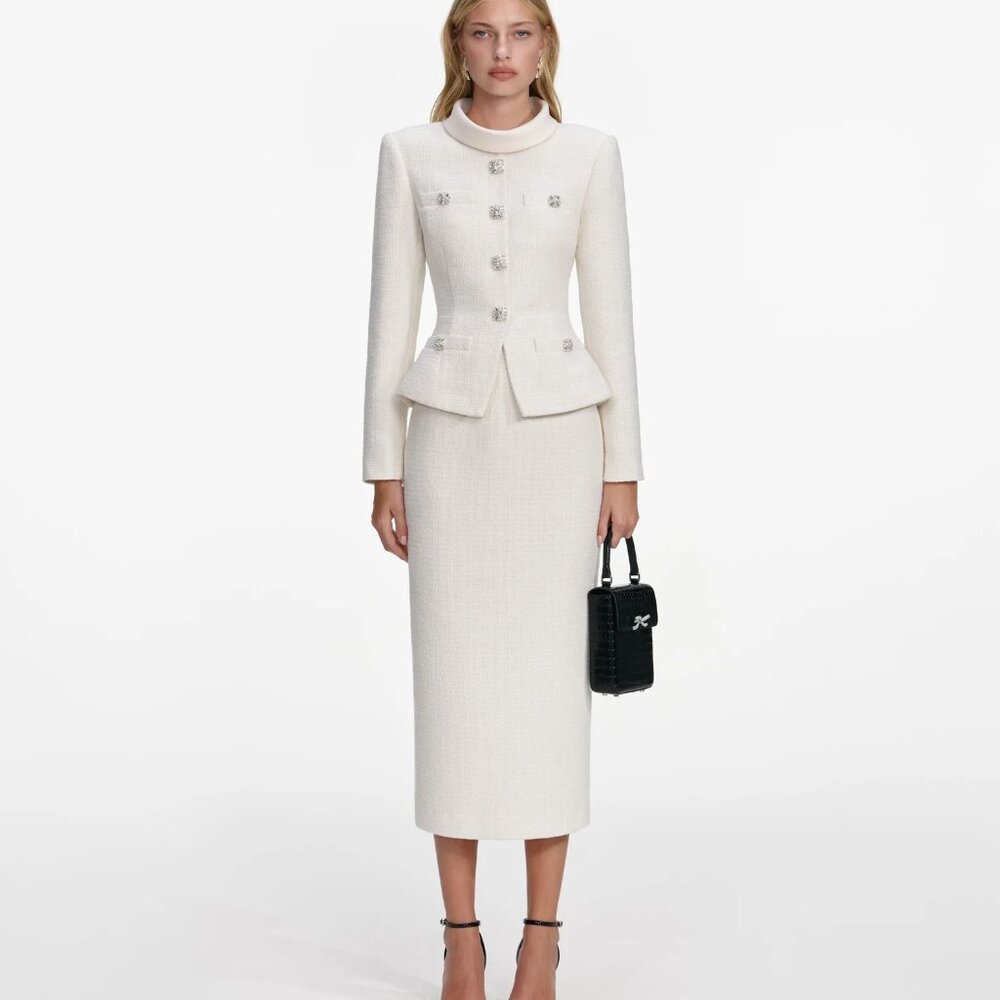 Self Portrait Cream Boucle Tailored Midi Dress